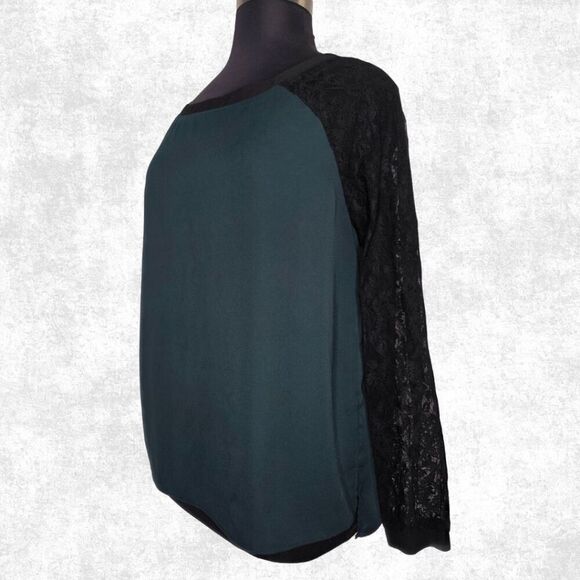 LOFT Women’s XL Hunter Green Lace Sleeve Blouse – Raglan Sheer Black Top - Picture 2 of 6